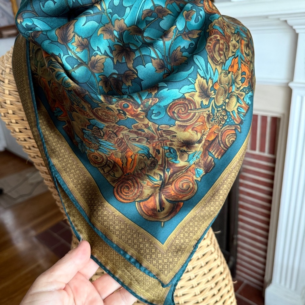 Vintage Ellen Tracy teal and orange chic silk boho scarf - Picture 4 of 12